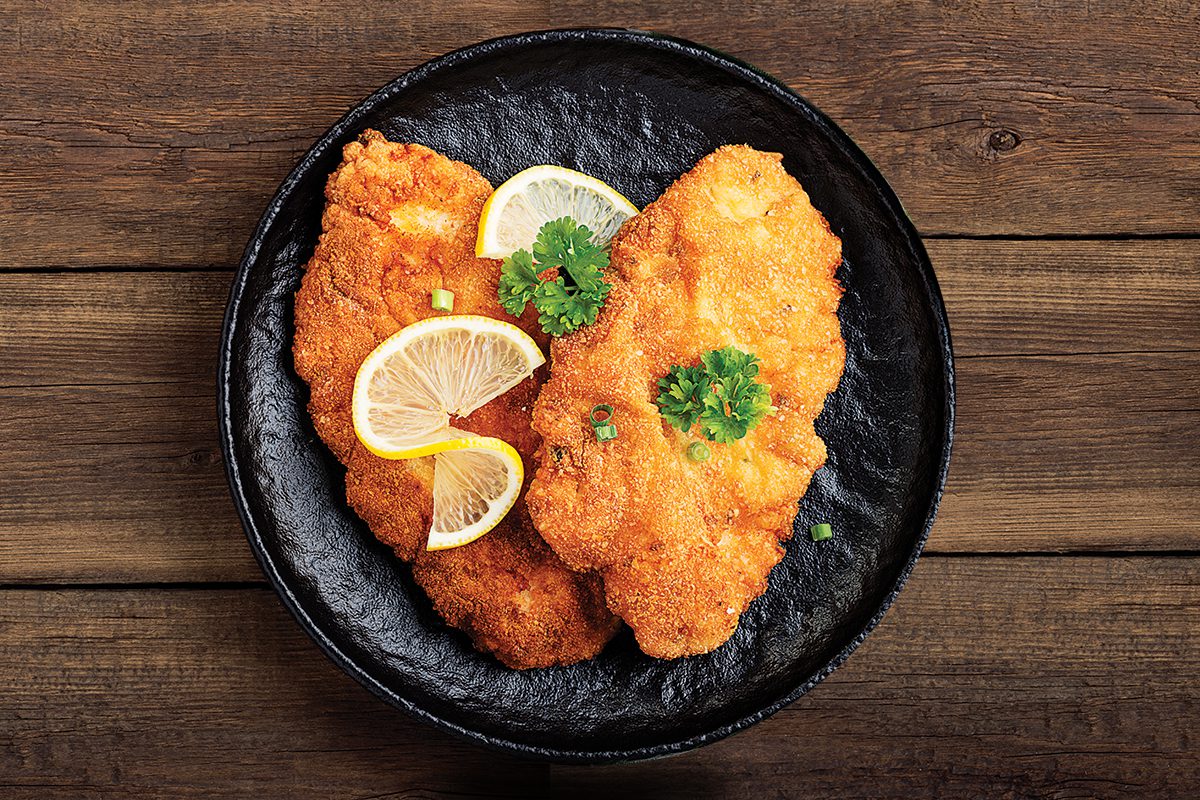 Pork Schnitzel with Sour Cream Dill Sauce and Braised Red Cabbage